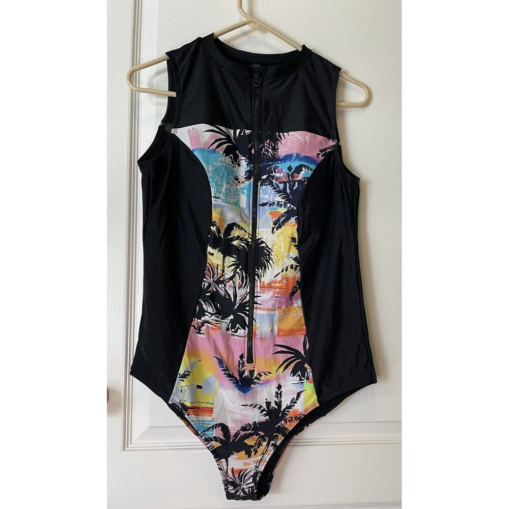 Torrid Swimsuit One Piece Tropical Palm Print zip Front Size 1